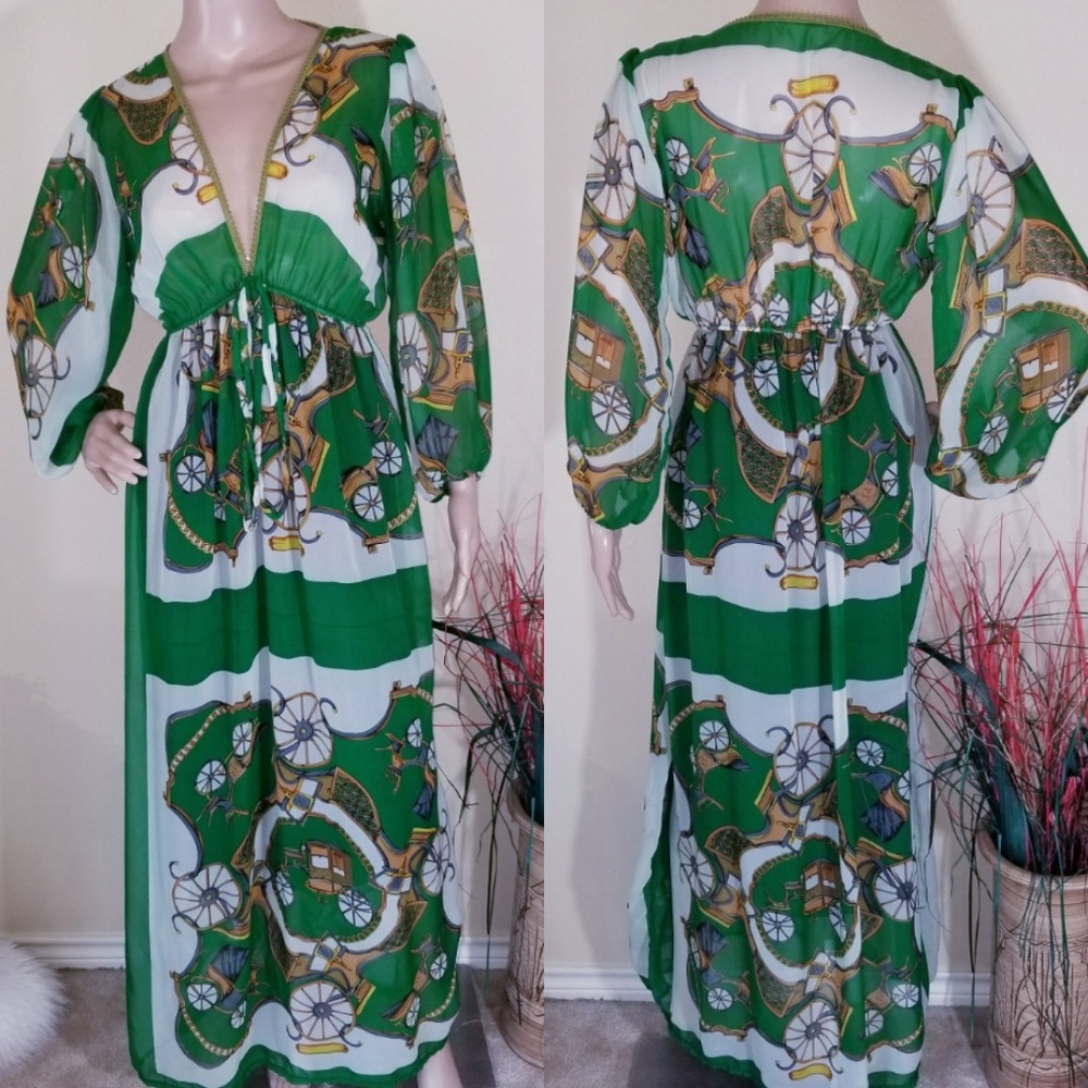 Scarf Printed Green V-Neck Maxi Dress